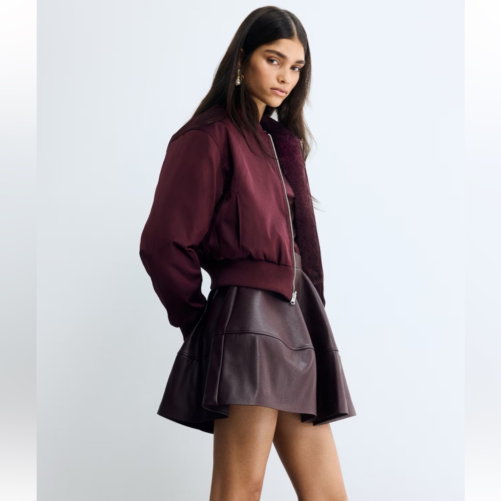 New H&M Reversable Faux Fur Bomber Jacket - Deep Burgundy - Picture 2 of 7